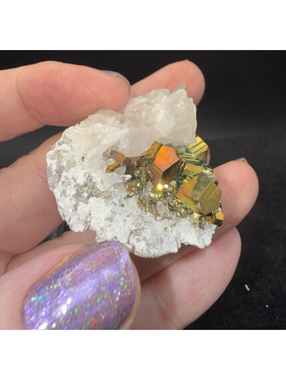 Naturally Iridescent Pyrite on Quartz Indonesia Rainbow Crystal Specimen
